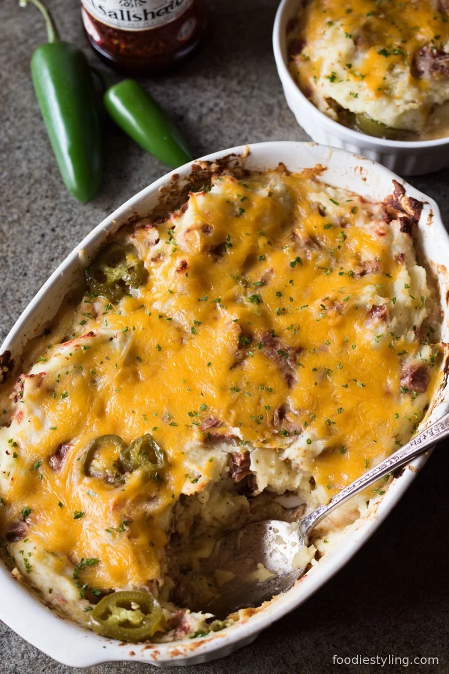 A golden-baked shepherdâ€™s pie with cheesy jalapeno mashed potato topping and brisket filling