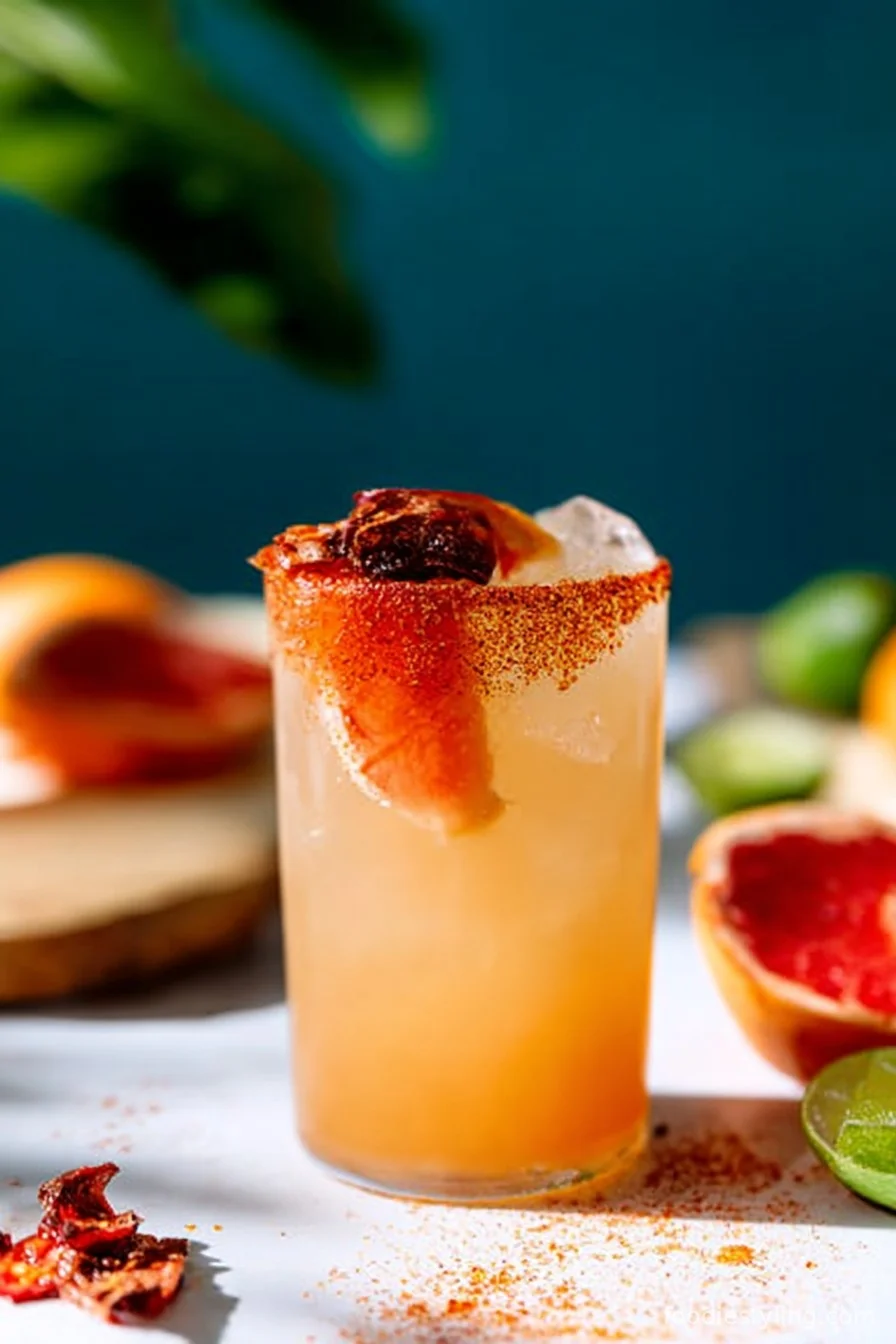 Vibrant pink-orange cocktail in a salt-rimmed glass, garnished with jalapeÃ±o and grapefruit