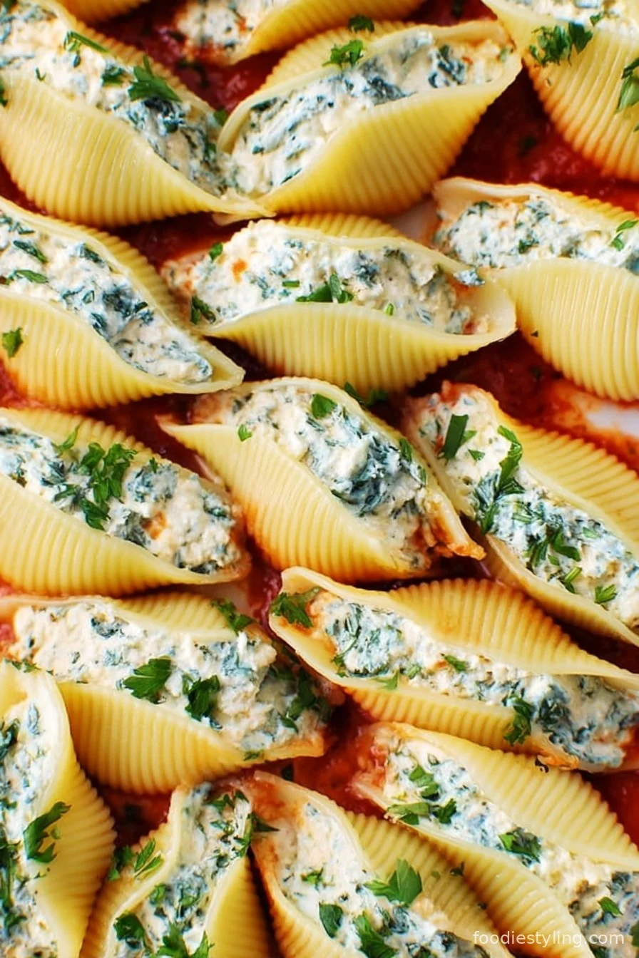 Golden, cheesy stuffed shells served in a casserole dish