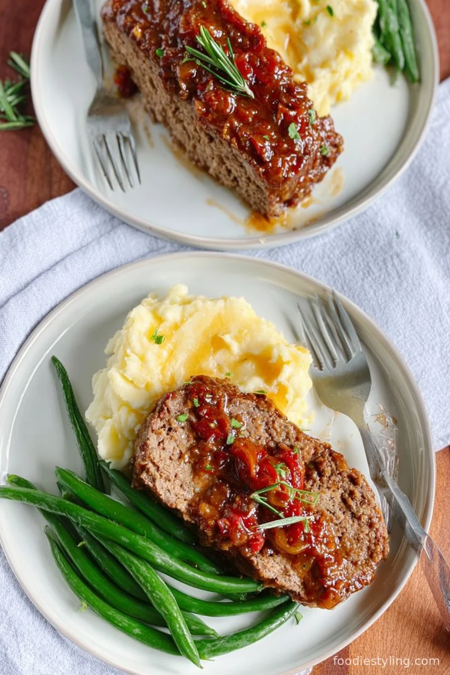 A platter with thick slices of moist, glistening meatloaf drizzled in bourbon glaze