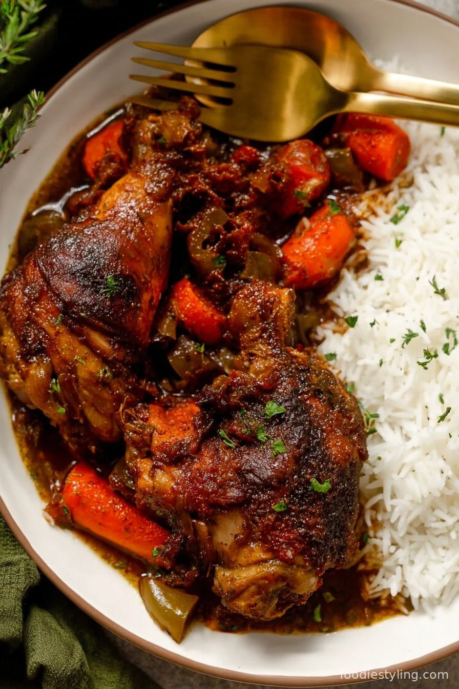 A vibrant bowl of Jamaican Brown Stew Chicken garnished with sliced scallions and fresh thyme.