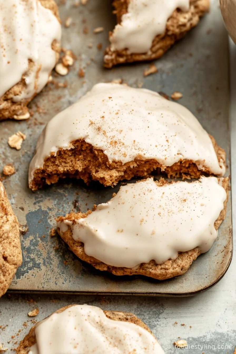 A stack of thick, chewy chai oatmeal cookies drizzled with maple glaze