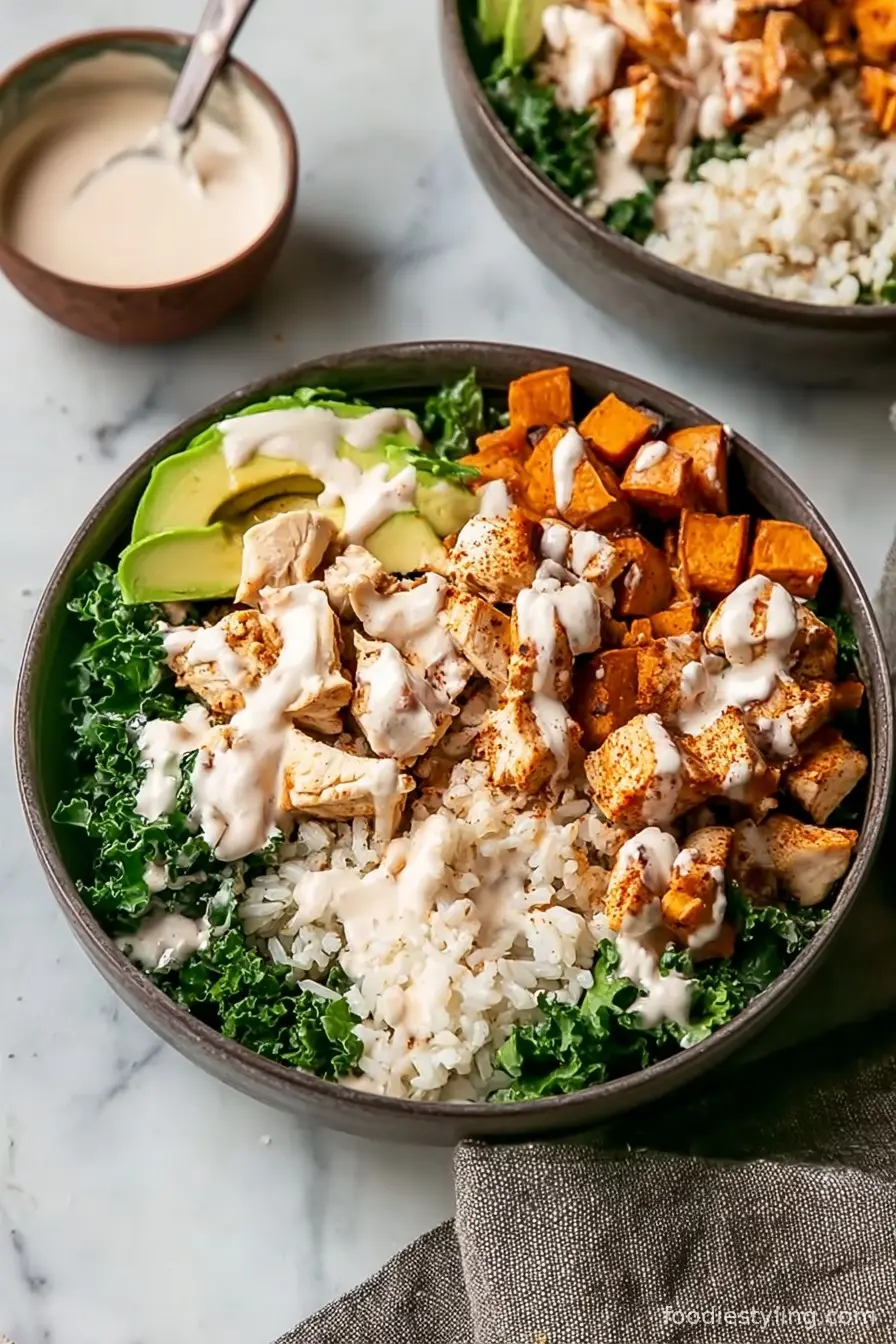 Roasted Sweet Potato, Chicken, Kale, and Rice Bowl