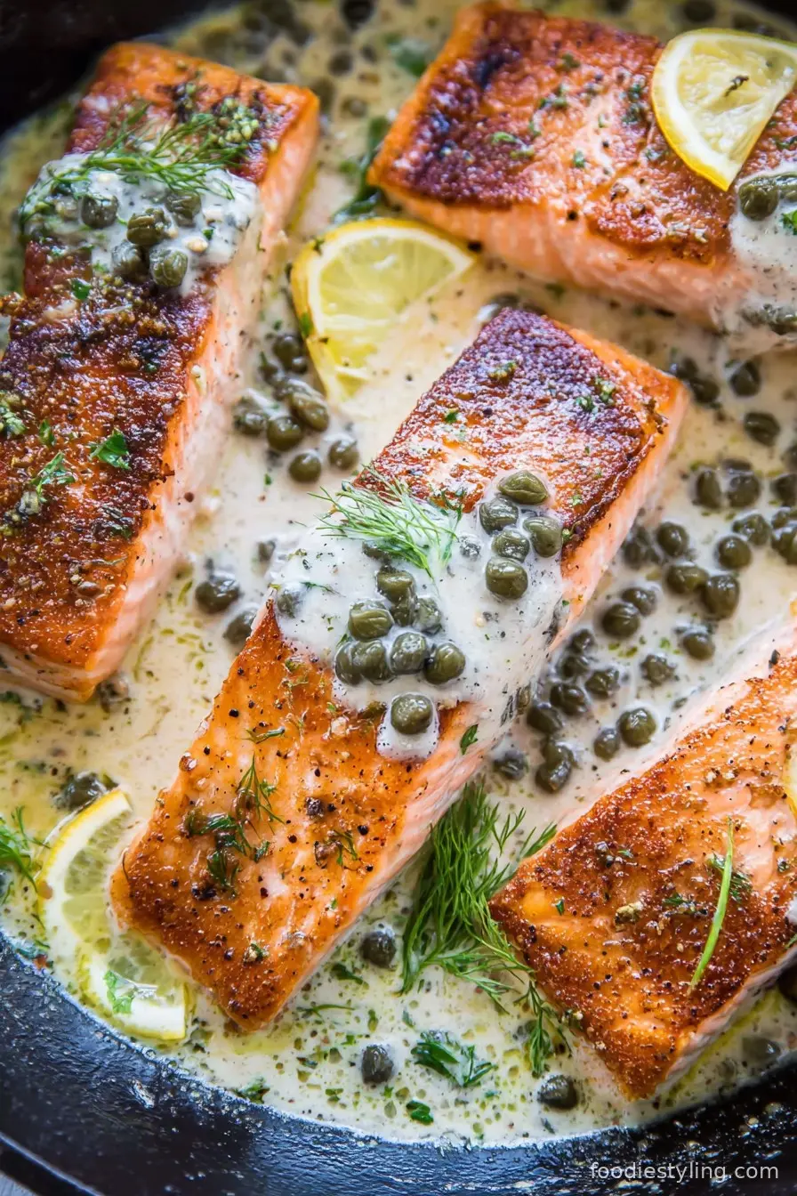 Crispy Skillet Salmon with Lemon Caper Dill Sauce