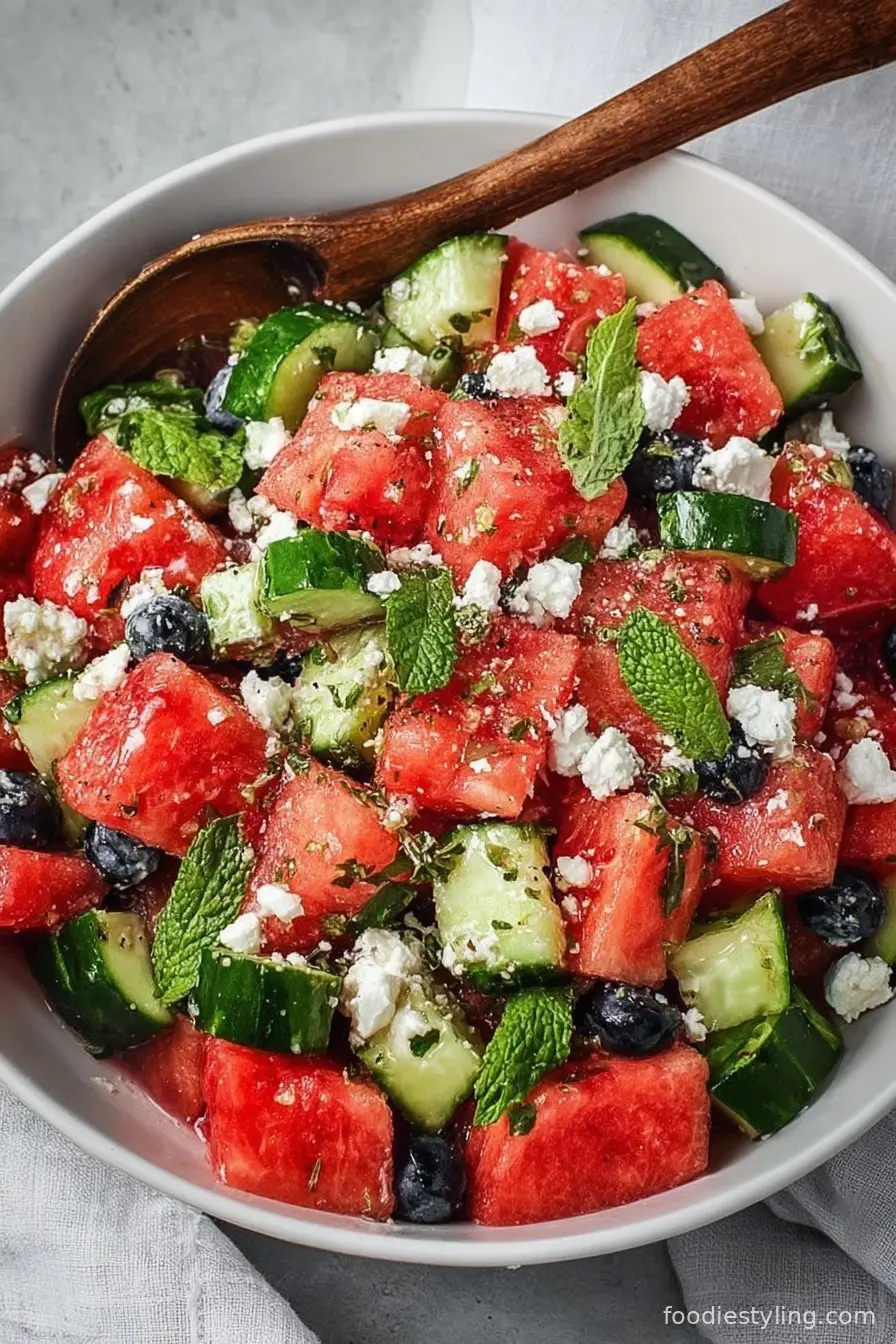 Watermelon Cucumber Feta Salad Recipe (in a Lime Dressing)